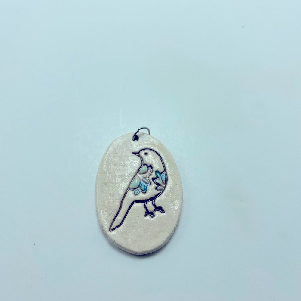 Hand Made Clay Bird Pendant - Cream And Blue